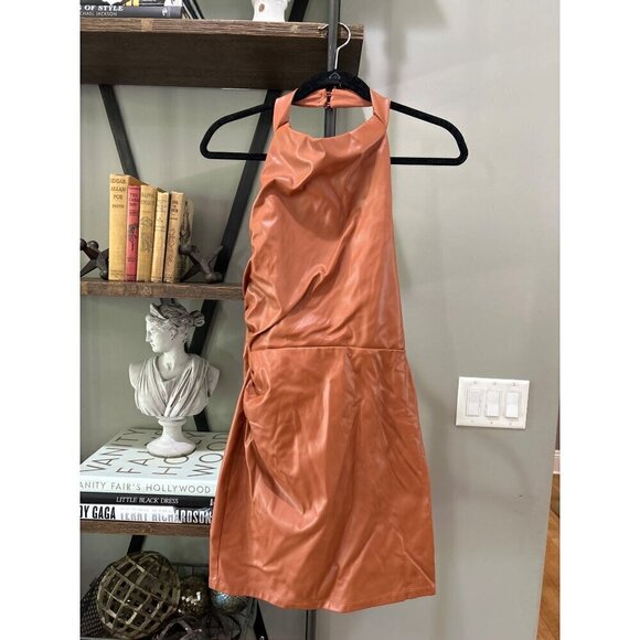 Nookie Rebel Faux Leather Halter Mini Dress Tan Womens Size Medium - Picture 4 of 12